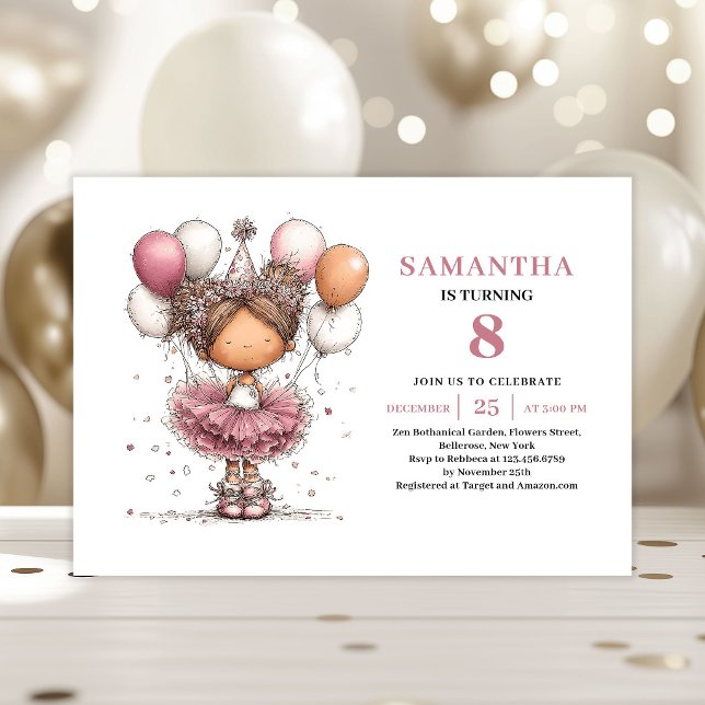 Convite de 8º Aniversário da Menina de Tutu Capric (Whimsical Tutu Girl 8th Birthday Invite Pink)