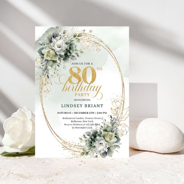 Convite de 80º Aniversário Botânico Elegante (Elegant Botanical Greenery 80th Birthday Invite)