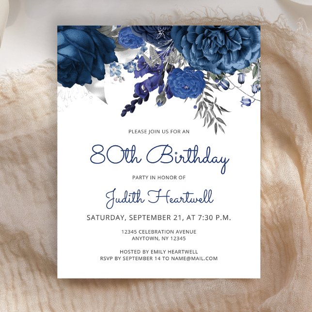 Convite de 80º Aniversário Budget Blue Silver Flor (Criador carregado)