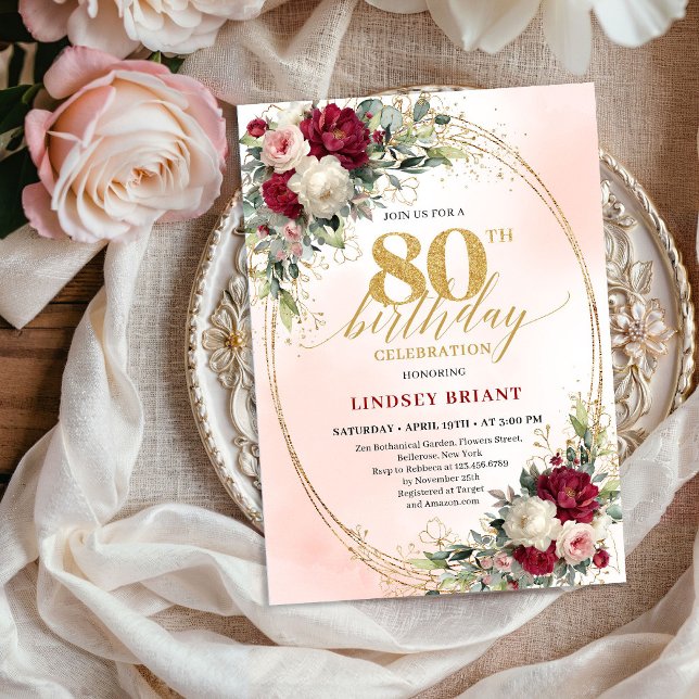 Convite de 80º Aniversário Burgundy Boho Chic na M (Trendy Burgundy Boho Chic 80th Birthday Invitation)