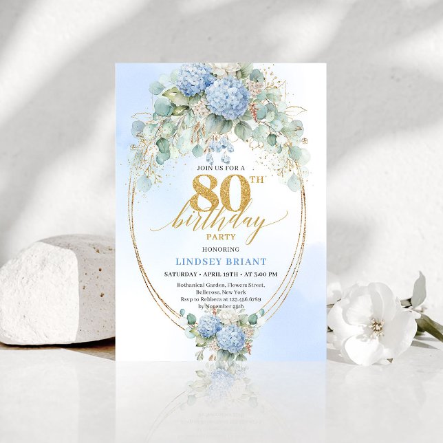 Convite de 80º Aniversário Chic Blue Hydrangea Euc (Chic Blue Hydrangea Eucalyptus 80th Birthday Invite)