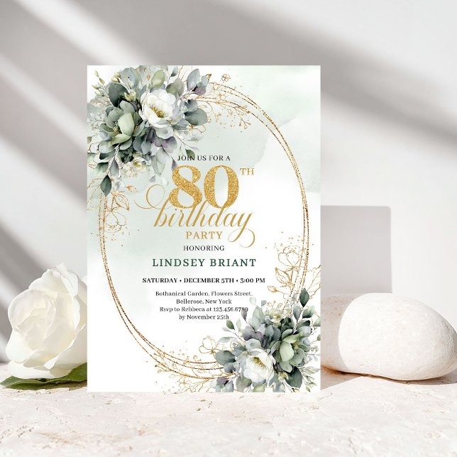 Convite de 80º Aniversário Chic Eucalipto (Chic Eucalyptus Greenery 80th Birthday Invite)