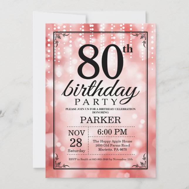 Convite de 80º Aniversário com Brilho Vermelho (Frente)