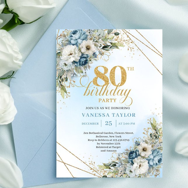Convite de 80º Aniversário com Moldura Dourada Azu (Beautiful 80th Birthday Invitation Gold Frame Blue Flowers)