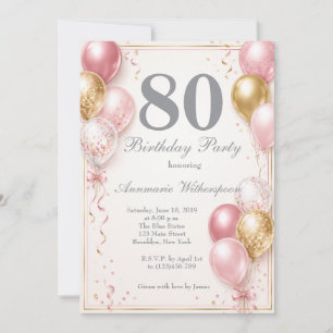 Convite de 80º Aniversário Elegante Balões Dourado