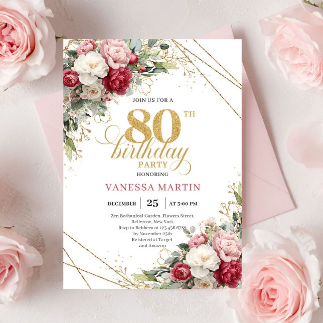 Convite de 80º Aniversário Elegante Bege Borgonha  (Elegant Burgundy Blush Gold 80th Birthday Invite)