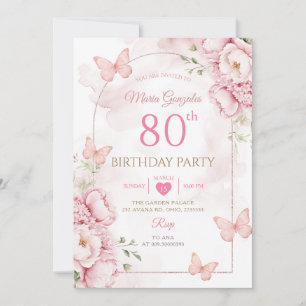 Convite de 80º Aniversário Elegante Borboleta Flor