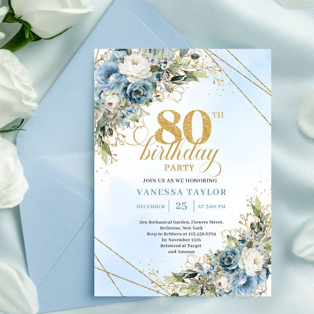 Convite de 80º Aniversário Elegante com Flores Boê (Graceful 80th Birthday Invitation Bohemian Flowers Gold)