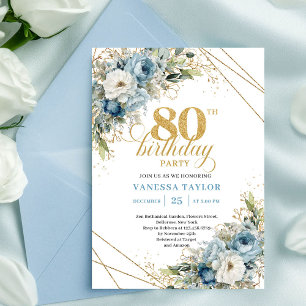 Convite de 80º Aniversário Elegante Flores Azul Em