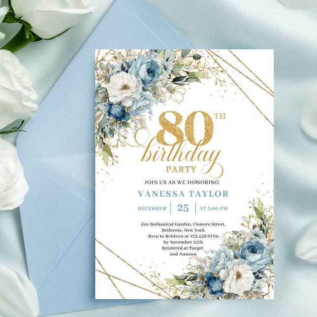 Convite de 80º Aniversário Elegante Flores Azul Em (Elegant 80th Birthday Invite Dusty Blue Flowers Gold)