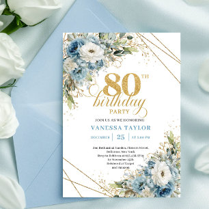 Convite de 80º Aniversário Elegante Pó Azul Floral