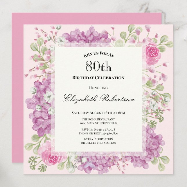 Convite de 80º Aniversário Elegantes Flores Rosa (Criador carregado)