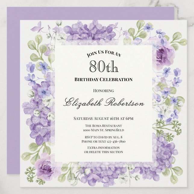 Convite de 80º Aniversário Elegantes Flores Roxas (Criador carregado)