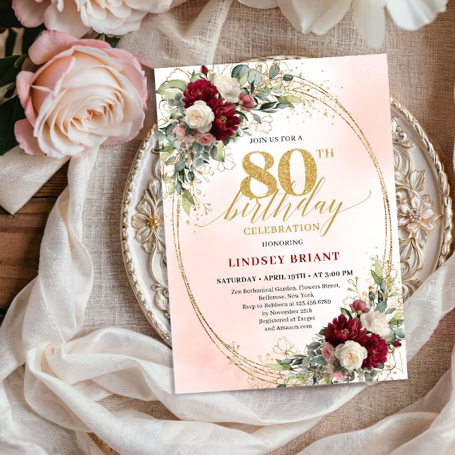 Convite de 80º Aniversário em Dourado Floral Boho  (Burgundy Boho Floral Gold Frame 80th Birthday Invite)