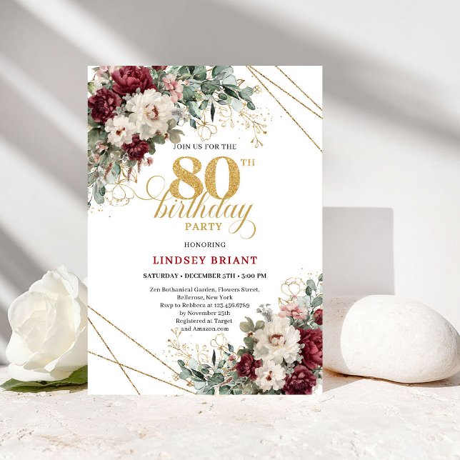 Convite de 80º Aniversário Floral Dourado Borgonha (Burgundy Floral Gold Greenery 80th Birthday)