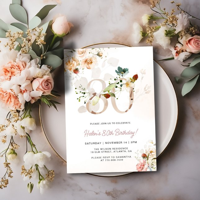 Convite de 80º Aniversário Floral Rosa e Dourado (Criador carregado)