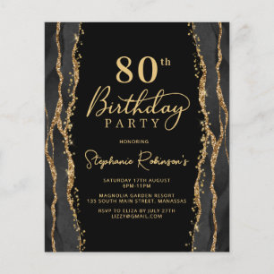 Convite de 80º Aniversário Preto Dourado Elegante 