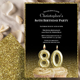 Convite de 80º Aniversário Preto e Dourado para El