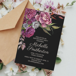 Convite de 80º Aniversário Roxo Floral Elegante Pr