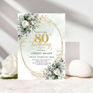 Convite de 80º Aniversário Verde e Branco Elegante