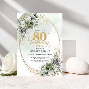 Convite de 80º Aniversário Verde Floral e Dourado