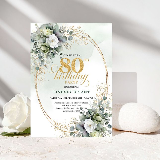 Convite de 80 Anos com Rosas Brancas de Luxo e Euc (Luxury White Roses Eucalyptus 80th Birthday Invite)
