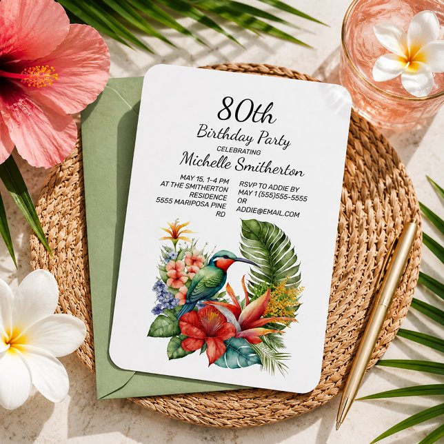 Convite de 80 Anos de Nascimento Floral Tropical B (Tropical hummingbird 80th birthday party invitation)