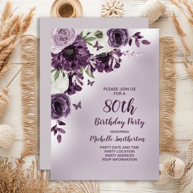 Convite de 80 Anos Flores Borboletas Roxas Brancas (Purple floral and butterflies 80th birthday party invitation)
