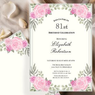 Convite de 81º Aniversário Floral Rosa e Verde Sag