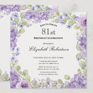 Convite de 81º Aniversário Floral Roxo Elegante