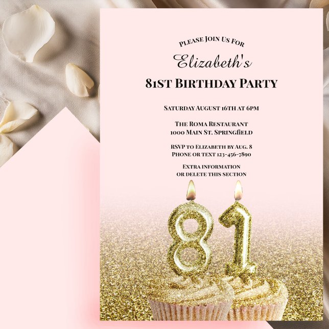 Convite de 81º Aniversário Rosa e Dourado Para Ela (Criador carregado)
