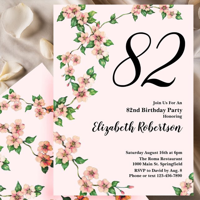 Convite de 82º Aniversário Floral em Rosa Bege (Criador carregado)