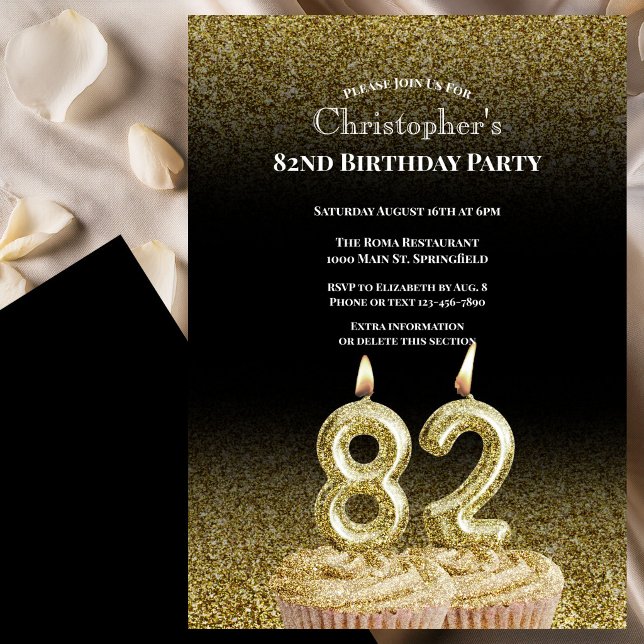 Convite de 82º Aniversário Preto e Dourado Para El (Criador carregado)
