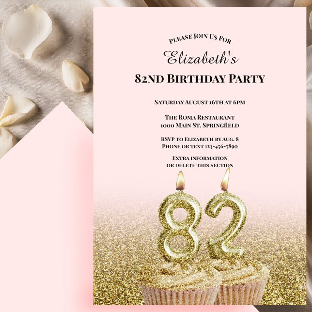 Convite de 82º Aniversário Rosa e Dourado Para Ela (Criador carregado)