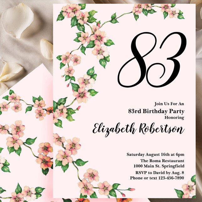 Convite de 83º aniversário floral em rosa bege (Criador carregado)