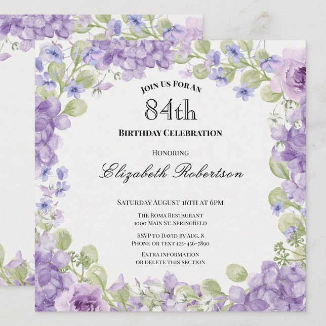 Convite de 84º Aniversário Elegante Floral Roxo (Criador carregado)