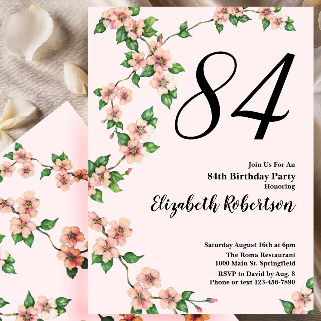 Convite de 84º Aniversário Floral em Rosa Bege (Criador carregado)