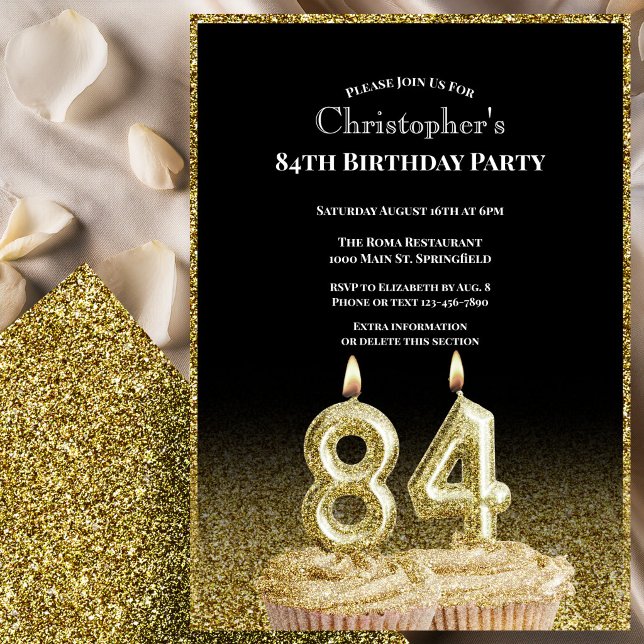 Convite de 84º Aniversário Preto e Dourado Para El (Criador carregado)