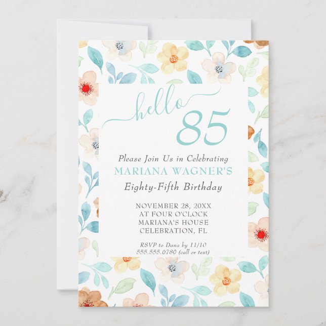Convite de 85º Aniversário em Script Elegante Flor (Frente)