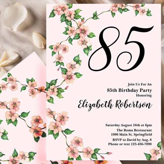 Convite de 85º Aniversário Floral em Rosa Bege (Criador carregado)