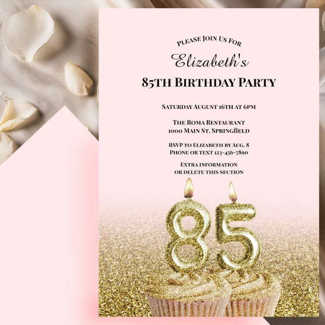 Convite de 85º Aniversário Rosa e Dourado Para Ela (Criador carregado)