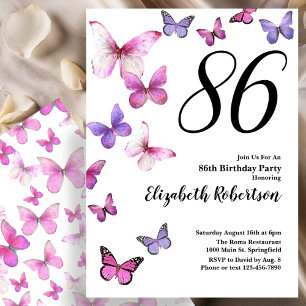 Convite de 86º Aniversário Borboleta em Rosa/Roxo