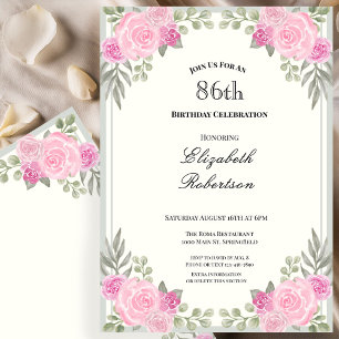 Convite de 86º Aniversário Floral Rosa e Verde Sag
