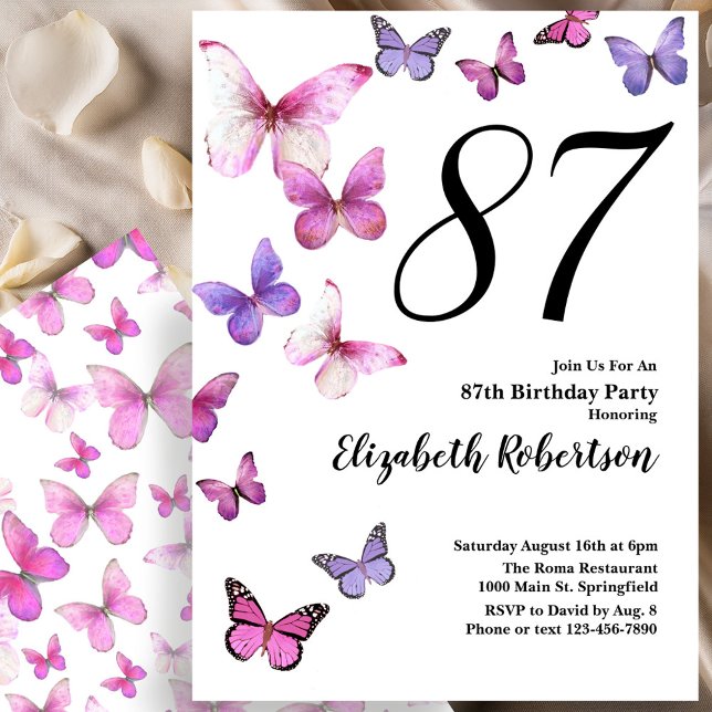 Convite de 87º Aniversário Borboleta em Rosa/Roxo (Criador carregado)