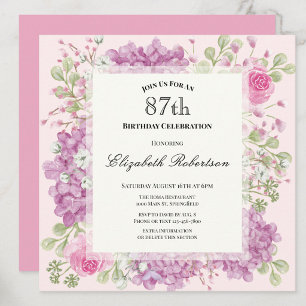 Convite de 87º Aniversário Elegantes Flores Rosa