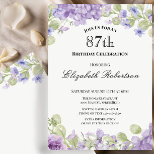 Convite de 87º Aniversário Floral Roxa Elegante