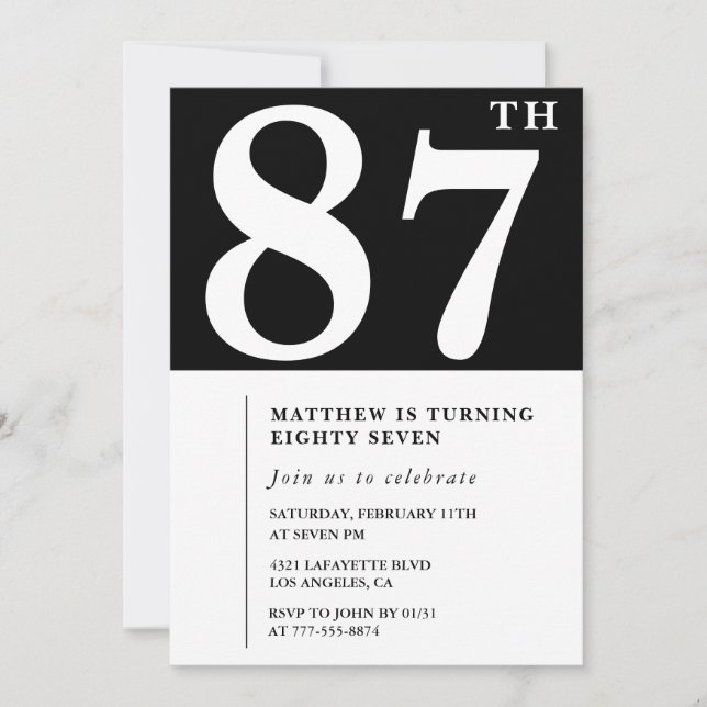 Convite de 87º aniversário preto e branco elegante (Frente)