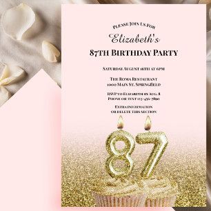 Convite de 87º Aniversário Rosa e Dourado Para Ela