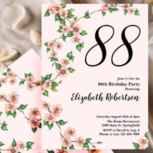Convite de 88º Aniversário Floral em Rosa Bege
