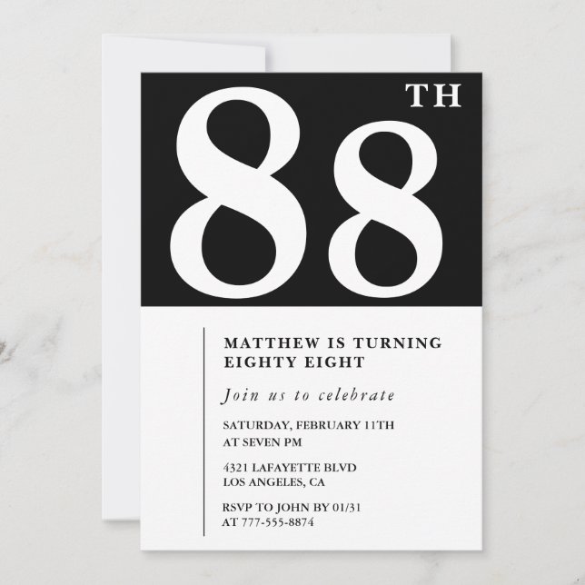 Convite de 88º aniversário preto e branco elegante (Frente)